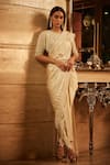 The House of Exotique_Ivory Net Embroidered Crystal Round Silk Satin Pearl Lungi Saree Set  _Online_at_Aza_Fashions