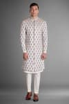 More Mischief_Grey Silk Linen Embroidery Floral Sherwani  _Online_at_Aza_Fashions