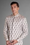 Buy_More Mischief_Grey Silk Linen Embroidery Floral Sherwani  _Online_at_Aza_Fashions