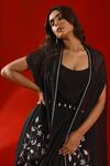 Shop_Isha Gupta Tayal_Black Crepe Embroidery Floral Scoop Neck Cape Jacket And Drape Gown _Online_at_Aza_Fashions
