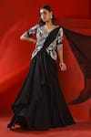 Isha Gupta Tayal_Black Organza Embroidery Floral V Neck Pre-draped Saree With Jacket Blouse _Online_at_Aza_Fashions