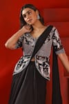 Buy_Isha Gupta Tayal_Black Organza Embroidery Floral V Neck Pre-draped Saree With Jacket Blouse _Online_at_Aza_Fashions