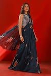 Isha Gupta Tayal_Green Chiffon Printed Floral Halter Neck Georgette Drape Saree With Crop Top _Online_at_Aza_Fashions