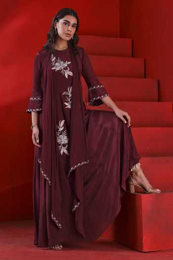 Isha Gupta Tayal_Wine Crepe, Georgette Embroidery Round Neck Floral Anarkali Set _Online_at_Aza_Fashions