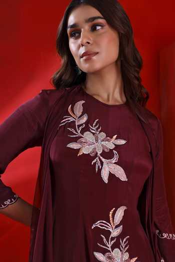 Buy_Isha Gupta Tayal_Wine Crepe, Georgette Embroidery Round Neck Floral Anarkali Set _Online_at_Aza_Fashions