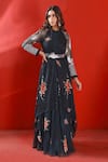 Isha Gupta Tayal_Green Organza Printed Floral Round Layered Gown With Belt _Online_at_Aza_Fashions
