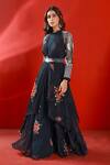 Buy_Isha Gupta Tayal_Green Organza Printed Floral Round Layered Gown With Belt _Online_at_Aza_Fashions