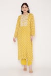 Bha Sha_Yellow Muslin, Net Sequins, Beads Round Neck Ika Bandhani Print Kurta Pant Set _Online_at_Aza_Fashions