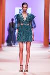 Pankaj & Nidhi_Green Organza + Chiffon Lined With Silk Dawn Cut Out Dress_Online_at_Aza_Fashions