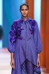 Pankaj & Nidhi_Purple Moss Crepe Aurora Asymmetric Jacket And Pant Set_at_Aza_Fashions