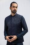 Kaka Calcutta_Blue Cotton Embroidery Navy Hand Bundi _Online_at_Aza_Fashions