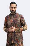 Buy_Kaka Calcutta_Black Bamboo, Cotton, Silk Embroidery, Mirrors Floral Print Bundi Kurta Set _Online_at_Aza_Fashions