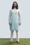 Buy_Kaka Calcutta_Blue Bamboo, Cotton Mirrors Embellished Neckline Kurta Set _Online_at_Aza_Fashions