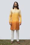 Kaka Calcutta_Yellow Bamboo, Cotton, Silk Embroidery Abstract Kurta Set _Online_at_Aza_Fashions