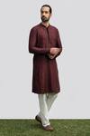 Kaka Calcutta_Wine Cotton, Silk Beads Placement Embroidered Kurta Set _Online_at_Aza_Fashions