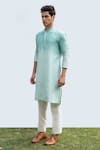 KAKA CALCUTTA_Blue Kurta- Bamberg Silk Embroidery Abstract Shaded Set _Online_at_Aza_Fashions