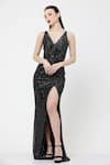 Buy_Ambrosia_Black 100% Nylon Mesh Hand Embroidered Sequins V Neck High Slit Gown _at_Aza_Fashions