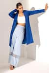 Kritika Madan Label_Blue Banana Crepe And Scuba Plain Jacket Long Coat And Mesh Pant Set  _Online_at_Aza_Fashions