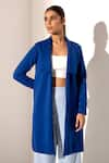 Buy_Kritika Madan Label_Blue Banana Crepe And Scuba Plain Jacket Long Coat And Mesh Pant Set  _Online_at_Aza_Fashions