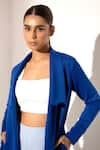 Shop_Kritika Madan Label_Blue Banana Crepe And Scuba Plain Jacket Long Coat And Mesh Pant Set  _Online_at_Aza_Fashions