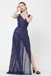 Ambrosia_Blue 100% Nylon Mesh Hand Embellished Sequins V Neck Side Slit Gown _Online_at_Aza_Fashions