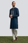 Kaka Calcutta_Blue Bamboo, Cotton, Silk Embroidery Neckline Kurta Set _Online_at_Aza_Fashions
