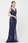 Buy_Ambrosia_Blue 100% Nylon Mesh Hand Embellished Sequins V Neck Side Slit Gown _Online_at_Aza_Fashions