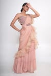 Buy_Merge Design_Peach Chiffon, Crepe, Organza Embroidery, Stones Sharara Pant Saree Set _Online_at_Aza_Fashions