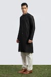 Kaka Calcutta_Black Cotton, Silk Mirrors Embroidered Collar Kurta Set _Online_at_Aza_Fashions