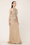 Buy_Ambrosia_Beige 100% Nylon Mesh Hand Embellished Sequins Halter Chevron Pattern Gown _Online_at_Aza_Fashions