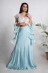 Merge Design_Blue Modal, Satin, Crepe Pearls, Cut Work, Embroidery Fish-cut Lehenga Set _Online_at_Aza_Fashions