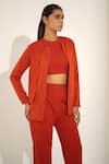 Kritika Madan Label_Orange Morgan Crepe Plain Jacket Open Asymmetric Flap And Pant Set  _Online_at_Aza_Fashions