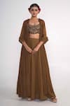 Buy_Merge Design_Brown Blouse Chiffon Pants Georgette Blend Shrug Pleated And Flared Set _at_Aza_Fashions