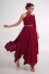Buy_Merge Design_Maroon Georgette, Crepe Embroidery, Stones Halter Neck Draped Dress _at_Aza_Fashions