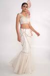 Merge Design_Ivory Net, Organza, Chiffon Pearls, Embroidery V-neck Fish Cut Lehenga Set _Online_at_Aza_Fashions