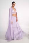 Buy_Merge Design_Purple Georgette, Chiffon Pearls, Embroidery Plunge Neck Ring Cape Lehenga Set _Online_at_Aza_Fashions