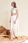 Reeti Arneja_Ivory Georgette Embroidery Cutdana Collared Enigma Crop Top With Dhoti Skirt _Online_at_Aza_Fashions