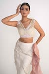 Shop_Merge Design_Ivory Net, Organza, Chiffon Pearls, Embroidery V-neck Fish Cut Lehenga Set _Online_at_Aza_Fashions
