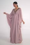 Buy_Merge Design_Pink Georgette, Crepe Stones, Embroidery, Fabric Flowers Floral Placket Kaftan _Online_at_Aza_Fashions