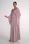 Shop_Merge Design_Pink Georgette, Crepe Stones, Embroidery, Fabric Flowers Floral Placket Kaftan _Online_at_Aza_Fashions