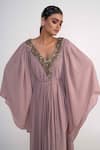 Merge Design_Pink Georgette, Crepe Stones, Embroidery, Fabric Flowers Floral Placket Kaftan _at_Aza_Fashions