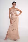 Buy_Merge Design_Beige Net, Modal, Crepe Pearls, Stones Asymmetric One Shoulder Gown _Online_at_Aza_Fashions
