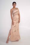 Shop_Merge Design_Beige Net, Modal, Crepe Pearls, Stones Asymmetric One Shoulder Gown _Online_at_Aza_Fashions