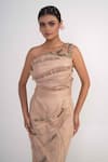 Merge Design_Beige Net, Modal, Crepe Pearls, Stones Asymmetric One Shoulder Gown _at_Aza_Fashions