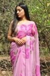 Meghstudio_Purple Viscose Chiffon Hand Painted Hibiscus Saree With Unstitched Blouse Piece _Online_at_Aza_Fashions