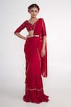 Merge Design_Red Saree  Georgette Embroidered Mirror V Neck Ruffle Pre-draped Set _Online_at_Aza_Fashions