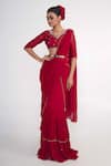 Buy_Merge Design_Red Saree  Georgette Embroidered Mirror V Neck Ruffle Pre-draped Set _Online_at_Aza_Fashions