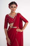 Shop_Merge Design_Red Saree  Georgette Embroidered Mirror V Neck Ruffle Pre-draped Set _Online_at_Aza_Fashions