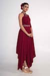 Shop_Merge Design_Maroon Georgette, Crepe Embroidery, Stones Halter Neck Draped Dress _Online_at_Aza_Fashions
