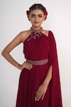 Merge Design_Maroon Georgette, Crepe Embroidery, Stones Halter Neck Draped Dress _at_Aza_Fashions